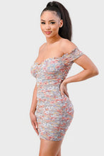 Load image into Gallery viewer, Floral Print Mesh Sweetheart Ruffled Off Shoulder Ruched Mini Dress