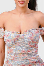 Load image into Gallery viewer, Floral Print Mesh Sweetheart Ruffled Off Shoulder Ruched Mini Dress