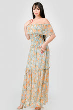 Load image into Gallery viewer, Floral Chiffon Off Shoulder Smocked Back Ruffled Tiered Maxi Dress