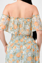 Load image into Gallery viewer, Floral Chiffon Off Shoulder Smocked Back Ruffled Tiered Maxi Dress