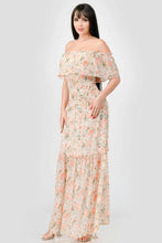 Load image into Gallery viewer, Floral Chiffon Off Shoulder Smocked Back Ruffled Tiered Maxi Dress