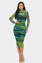 Load image into Gallery viewer, Glitch Print Mesh Ruched Midi Dress