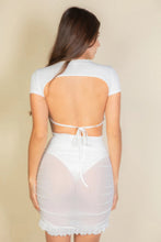 Load image into Gallery viewer, Ruched Ruffle Trim Mesh Mini Bodycon Skirt