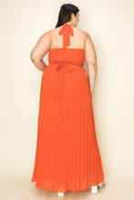 Load image into Gallery viewer, Chiffon Pleated Gold Trim Neck & Belt Cut Out Chest Maxi Dress