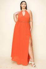 Load image into Gallery viewer, Chiffon Pleated Gold Trim Neck & Belt Cut Out Chest Maxi Dress