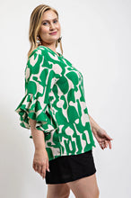 Load image into Gallery viewer, Geometric print ruffled bell sleeve woven top