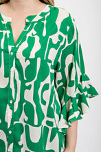 Load image into Gallery viewer, Geometric print ruffled bell sleeve woven top