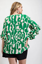 Load image into Gallery viewer, Geometric print ruffled bell sleeve woven top