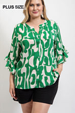 Load image into Gallery viewer, Geometric print ruffled bell sleeve woven top
