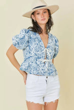 Load image into Gallery viewer, Denim Embroidered Crop Top With Front Tie Detail