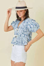 Load image into Gallery viewer, Denim Embroidered Crop Top With Front Tie Detail