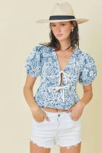 Load image into Gallery viewer, Denim Embroidered Crop Top With Front Tie Detail