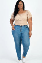 Load image into Gallery viewer, Plus size casual ruched puff sleeve ribbed knit solid top