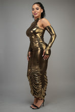 Load image into Gallery viewer, Metallic Ruched Dress With Sleeves