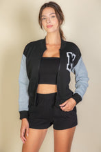 Load image into Gallery viewer, Letter Patched Striped Trim Varsity Jacket