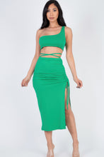Load image into Gallery viewer, Sexy Solid Color One Shoulder Crop Top & Drawstring Ruched Crisscross Tie Back Side Slit Hem Skirt Set