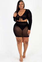 Load image into Gallery viewer, Plus Size Sheer Mesh Tie Front Crop Top & Ruched Side Mini Dress