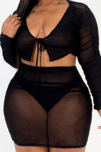 Load image into Gallery viewer, Plus Size Sheer Mesh Tie Front Crop Top & Ruched Side Mini Dress