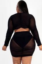 Load image into Gallery viewer, Plus Size Sheer Mesh Tie Front Crop Top & Ruched Side Mini Dress