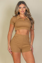 Load image into Gallery viewer, Ribbed Collared Short Sleeve Crop Top & Shorts Set