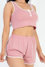 Load image into Gallery viewer, Casual French Terry Sleeveless Button Front Contrast Trim Cropped Tank Top And Shorts Set