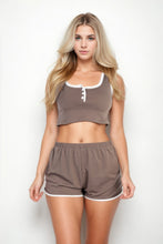 Load image into Gallery viewer, Casual French Terry Sleeveless Button Front Contrast Trim Cropped Tank Top And Shorts Set