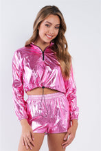 Load image into Gallery viewer, Metallic Lightweight Drawstring Crop Top & Shorts Set