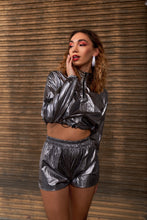 Load image into Gallery viewer, Metallic Lightweight Drawstring Crop Top & Shorts Set