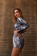 Load image into Gallery viewer, Metallic Lightweight Drawstring Crop Top & Shorts Set