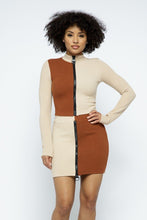 Load image into Gallery viewer, Rib Color Block Mock Neck Long Sleeve High-waist Mini Skirt With Front Zipper Set