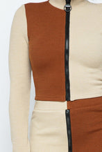 Load image into Gallery viewer, Rib Color Block Mock Neck Long Sleeve High-waist Mini Skirt With Front Zipper Set
