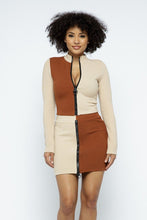 Load image into Gallery viewer, Rib Color Block Mock Neck Long Sleeve High-waist Mini Skirt With Front Zipper Set