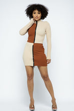 Load image into Gallery viewer, Rib Color Block Mock Neck Long Sleeve High-waist Mini Skirt With Front Zipper Set