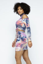 Load image into Gallery viewer, Tie Dye Open Shoulder Long Sleeve Top And Matching Skirt W Ruching Details