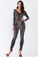 Load image into Gallery viewer, Black Rhinestone Embroidery Sheer Mesh Long Sleeve Bodycon Jumpsuit