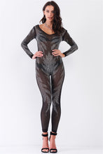 Load image into Gallery viewer, Black Rhinestone Embroidery Sheer Mesh Long Sleeve Bodycon Jumpsuit