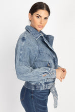 Load image into Gallery viewer, Ribbed Hem Belted Denim Jacket