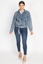 Load image into Gallery viewer, Ribbed Hem Belted Denim Jacket