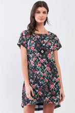 Load image into Gallery viewer, Black Multicolor Floral Print Pleated Back Detail Relaxed Mini Dress