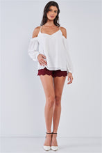 Load image into Gallery viewer, Ariana White Relaxed Fit V-neck Off-the-shoulder Long Sleeve Ruffle Hem Razor Back Top