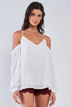 Load image into Gallery viewer, Ariana White Relaxed Fit V-neck Off-the-shoulder Long Sleeve Ruffle Hem Razor Back Top
