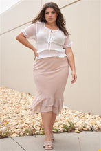 Load image into Gallery viewer, Plus Beige High-waisted Fitted Asymmetrical Flare Hem Midi Pencil Skirt