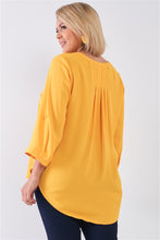 Load image into Gallery viewer, Plus Size Tuscan Sun Yellow V-neck Midi Sleeve Pleated Back Detail Relaxed Tunic Top