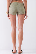 Load image into Gallery viewer, Sage Green Low-rise Rip Trim Denim Mini Shorts