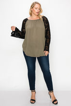 Load image into Gallery viewer, Solid Top Featuring Flattering Lace Bell Sleeves