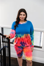 Load image into Gallery viewer, Plus Blue Neon Rainbow Tie-dye Colorblock Long Sleeve Top & Biker Shorts Set