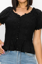 Load image into Gallery viewer, Peplum Eyelet Puff Sleeve Top