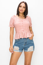 Load image into Gallery viewer, Peplum Eyelet Puff Sleeve Top
