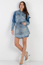 Load image into Gallery viewer, Light Denim Cotton Button Up Long Shirt & Mini Skirt Set