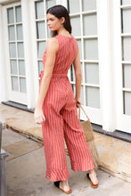 Load image into Gallery viewer, Rust Striped V-neck Self-tie Belt Flare Hem Wide Leg Jumpsuit